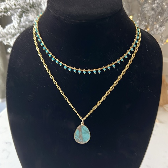 Turquoise and gold Double strand necklace - Picture 2 of 8